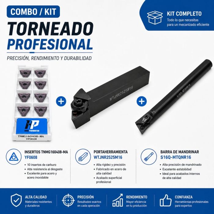 Kit Torneado Porta Exterior WTJNR 2525M16 + Porta Interior S16Q MTQNR16 Caja Insertos TNMG160408 MA YF0608