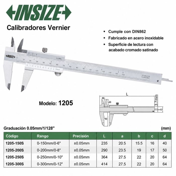 Calibrador Mecánico 12" / 0-300mm INSIZE Serie 1205-300S