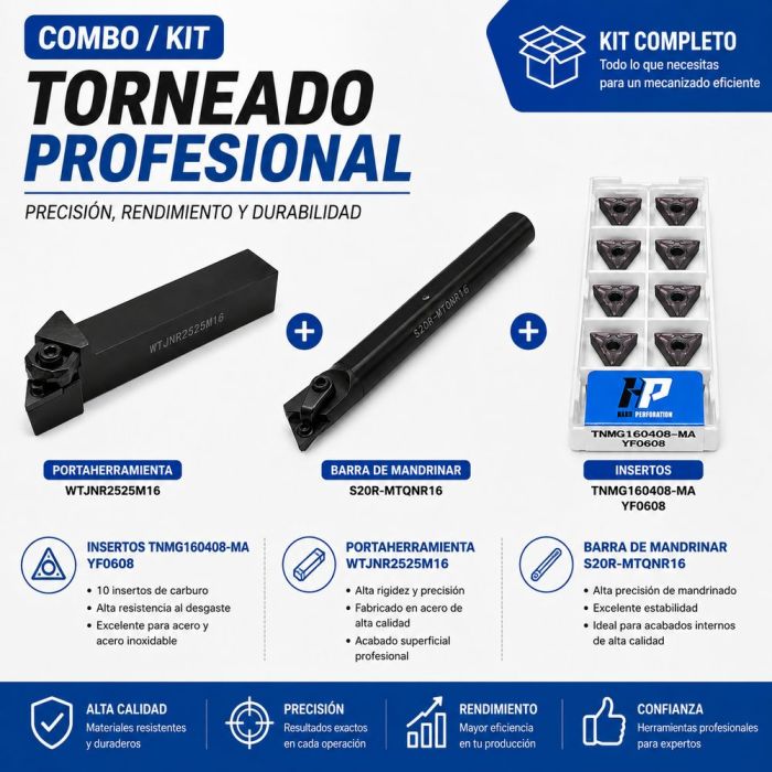 Kit Torneado Porta Exterior WTJNR 2525M16 + Porta Interior S20R MTQNR16 Caja Insertos TNMG160408 MA YF0608