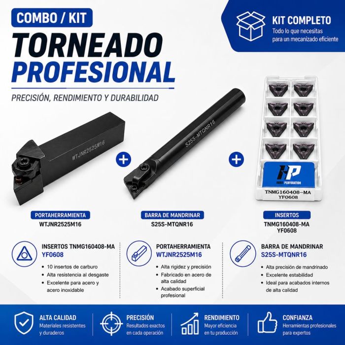 Kit Torneado Porta Exterior WTJNR 2525M16 + Porta Interior S25S MTQNR16 Caja Insertos TNMG160408 MA YF0608