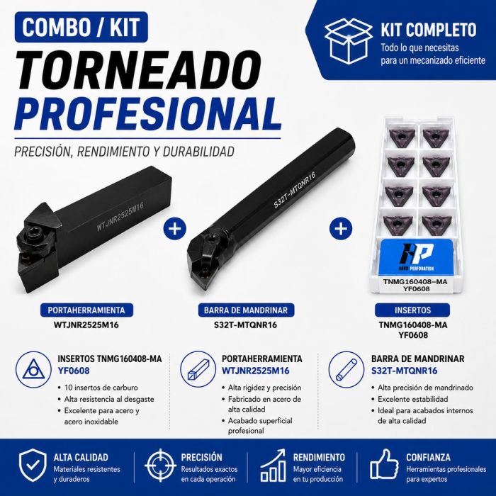Kit Torneado Porta Exterior WTJNR 2525M16 + Porta Interior S32T MTQNR16 Caja Insertos TNMG160408 MA YF0608