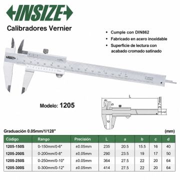 Calibradores Verniers INSIZE Serie 1205 | 0-150, 0-200 y 0-300 mm