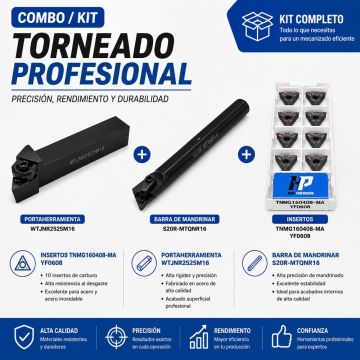 Kit Torneado Porta Exterior WTJNR 2525M16 + Porta Interior S20R MTQNR16 Caja Insertos TNMG160408 MA YF0608