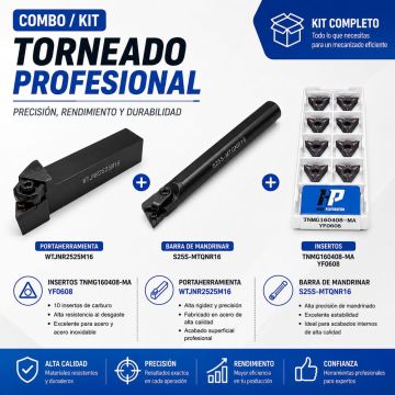 Kit Torneado Porta Exterior WTJNR 2525M16 + Porta Interior S25S MTQNR16 Caja Insertos TNMG160408 MA YF0608